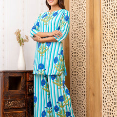 Women's Cotton Co-ord Set Casual Summer Two-Piece Floral Print Blue Cotton Co-ord Set for Effortless Style