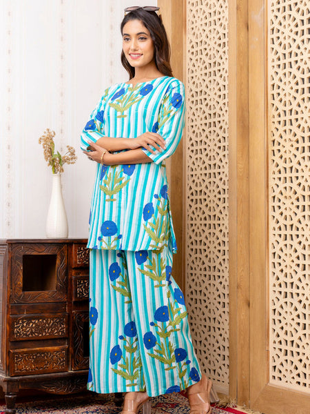 Women's Cotton Co-ord Set Casual Summer Two-Piece Floral Print Blue Cotton Co-ord Set for Effortless Style