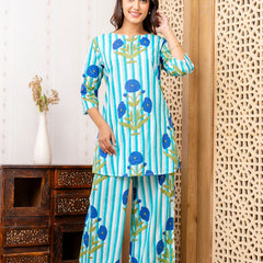 Women's Cotton Co-ord Set Casual Summer Two-Piece Floral Print Blue Cotton Co-ord Set for Effortless Style