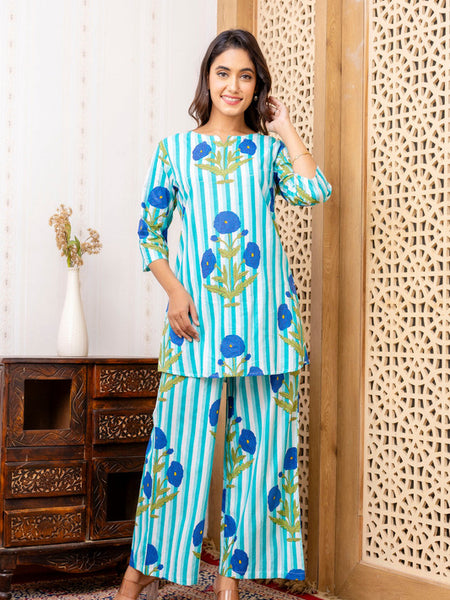 Women's Cotton Co-ord Set Casual Summer Two-Piece Floral Print Blue Cotton Co-ord Set for Effortless Style