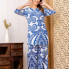 Women's Cotton Co-ord Set - Casual Summer Two-Piece Paisley Print Blue Cotton Co-ord Set