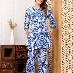 Women's Cotton Co-ord Set - Casual Summer Two-Piece Paisley Print Blue Cotton Co-ord Set