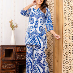 Women's Cotton Co-ord Set - Casual Summer Two-Piece Paisley Print Blue Cotton Co-ord Set