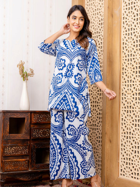 Women's Cotton Co-ord Set - Casual Summer Two-Piece Paisley Print Blue Cotton Co-ord Set