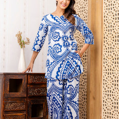 Women's Cotton Co-ord Set - Casual Summer Two-Piece Paisley Print Blue Cotton Co-ord Set
