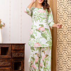 Women's Cotton Co-ord Set: Casual Summer Blue Floral Print & Green Cotton Co-ord Set