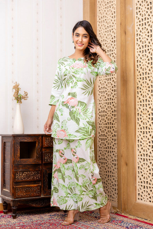 Women's Cotton Co-ord Set: Casual Summer Blue Floral Print & Green Cotton Co-ord Set