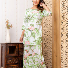 Women's Cotton Co-ord Set: Casual Summer Blue Floral Print & Green Cotton Co-ord Set