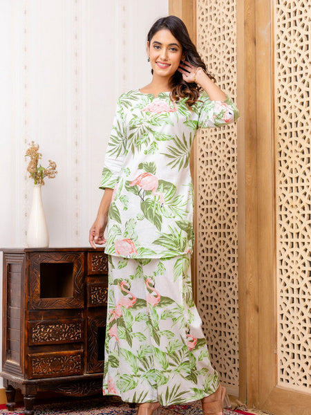 Women's Cotton Co-ord Set: Casual Summer Blue Floral Print & Green Cotton Co-ord Set