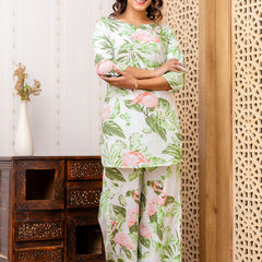 Women's Cotton Co-ord Set: Casual Summer Blue Floral Print & Green Cotton Co-ord Set