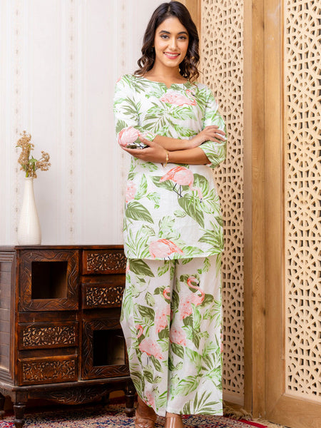 Women's Cotton Co-ord Set: Casual Summer Blue Floral Print & Green Cotton Co-ord Set
