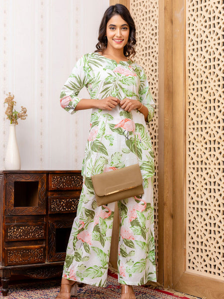 Women's Cotton Co-ord Set: Casual Summer Blue Floral Print & Green Cotton Co-ord Set