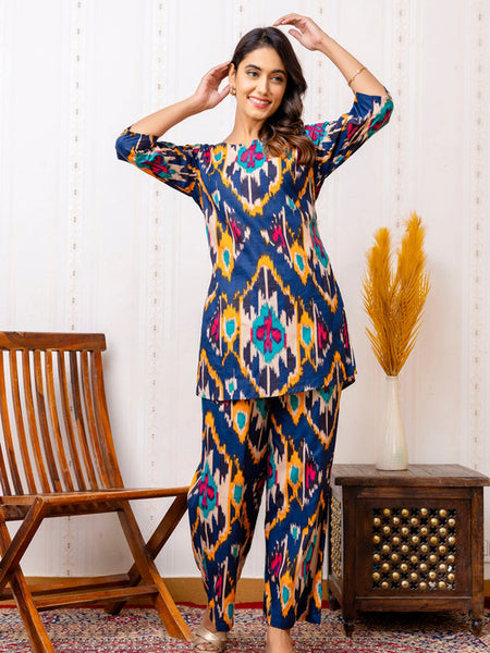 Women's Cotton Co-ord Set - Casual Summer Blue Floral Print Co-ord Set for Effortless Style