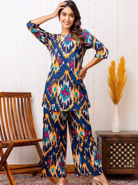 Women's Cotton Co-ord Set - Casual Summer Blue Floral Print Co-ord Set for Effortless Style