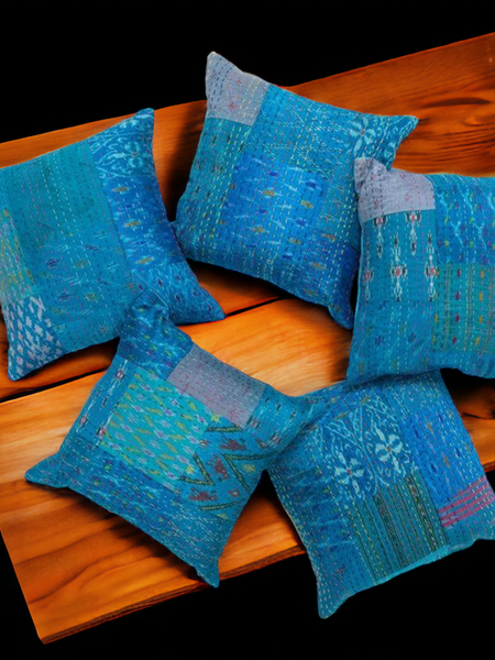 Handmade Indian Embroidered Patchwork Cotton Cushion Cover - 16x16 Inch (40x40 cm) - Artisan Home Decor for Sofa, Couch, Floor, Meditation & Ottoman - 6