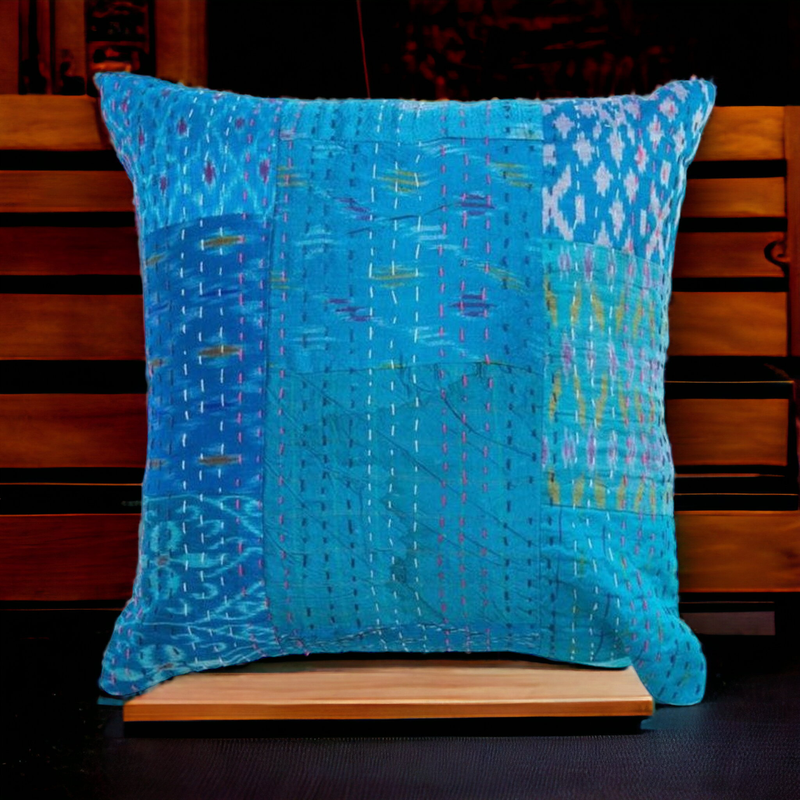 Handmade Indian Embroidered Patchwork Cotton Cushion Cover - 16x16 Inch (40x40 cm) - Artisan Home Decor for Sofa, Couch, Floor, Meditation & Ottoman - 6