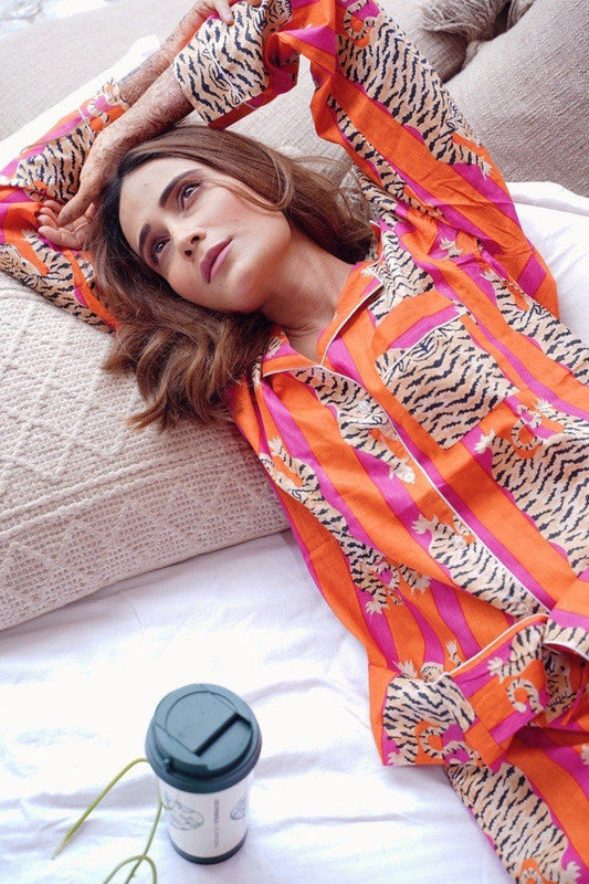 Pure Cotton Pajama Set - Soft Indian Nightwear | Bridesmaid Gift PJ's in Orange Tiger Print