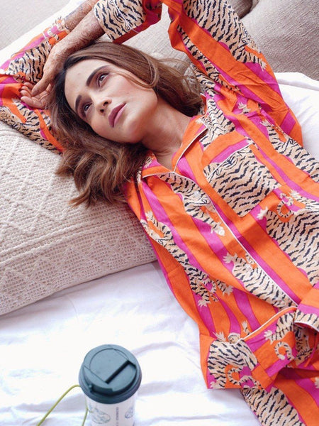 Pure Cotton Pajama Set - Soft Indian Nightwear | Bridesmaid Gift PJ's in Orange Tiger Print