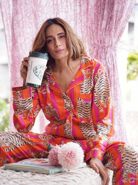 Pure Cotton Pajama Set - Soft Indian Nightwear | Bridesmaid Gift PJ's in Orange Tiger Print