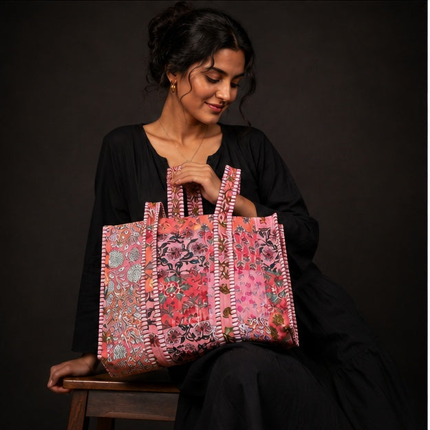 Reversible Quilted Cotton Peach Patchwork Tote Bag with Interior Pocket - kraafty-com