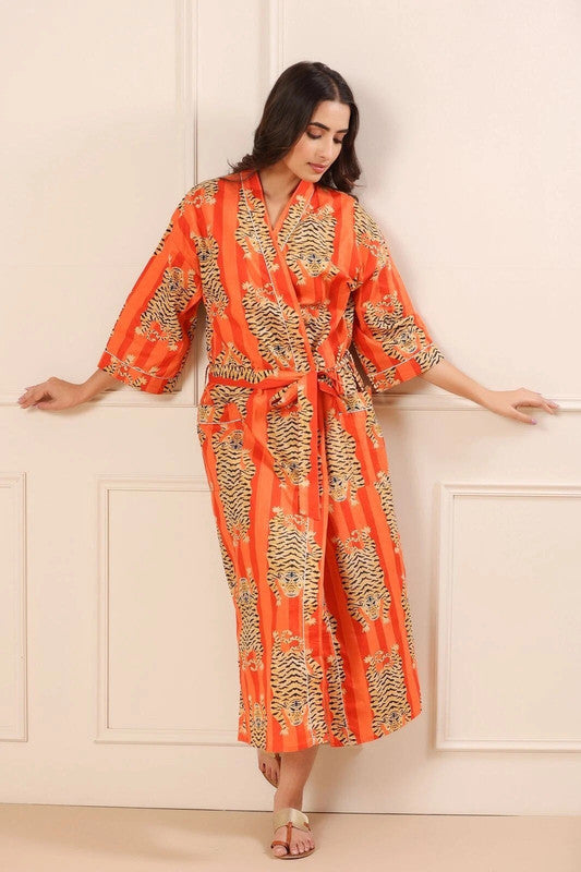 Orange Tiger and Monkey Print Cotton Kimono Robe - Hand Block Printed Animal Pattern Dressing Gown