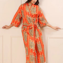Orange Tiger and Monkey Print Cotton Kimono Robe - Hand Block Printed Animal Pattern Dressing Gown