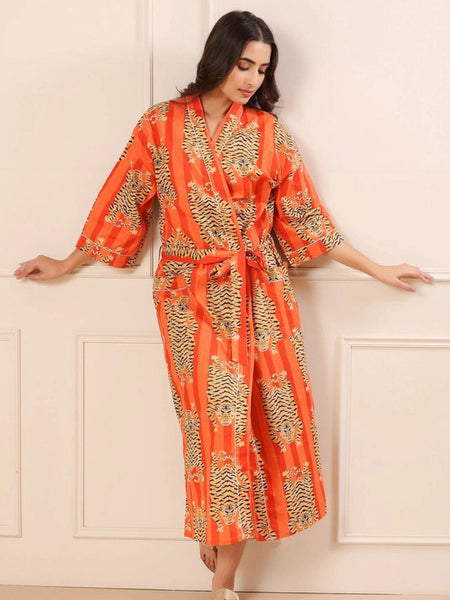 Orange Tiger and Monkey Print Cotton Kimono Robe - Hand Block Printed Animal Pattern Dressing Gown