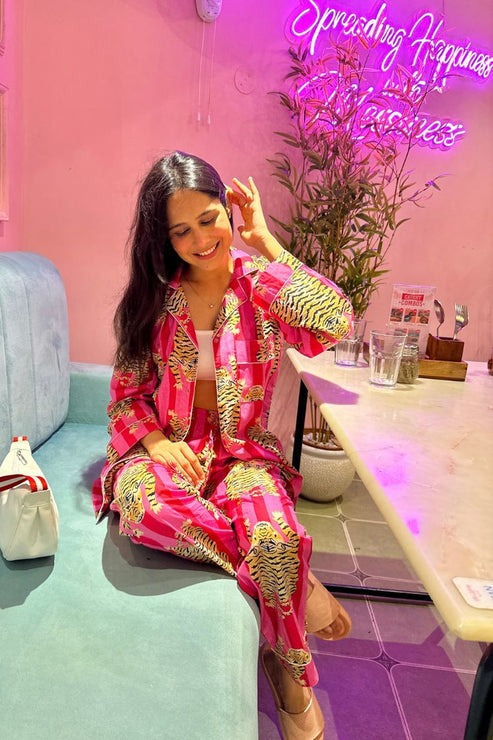 Pink Tiger Print Cotton Pajama Set - Soft Indian Nightwear | Pure Cotton PJ's & Bridesmaid Gift for Her