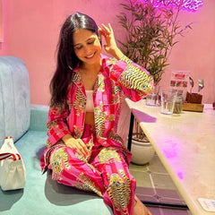 Pink Tiger Print Cotton Pajama Set - Soft Indian Nightwear | Pure Cotton PJ's & Bridesmaid Gift for Her