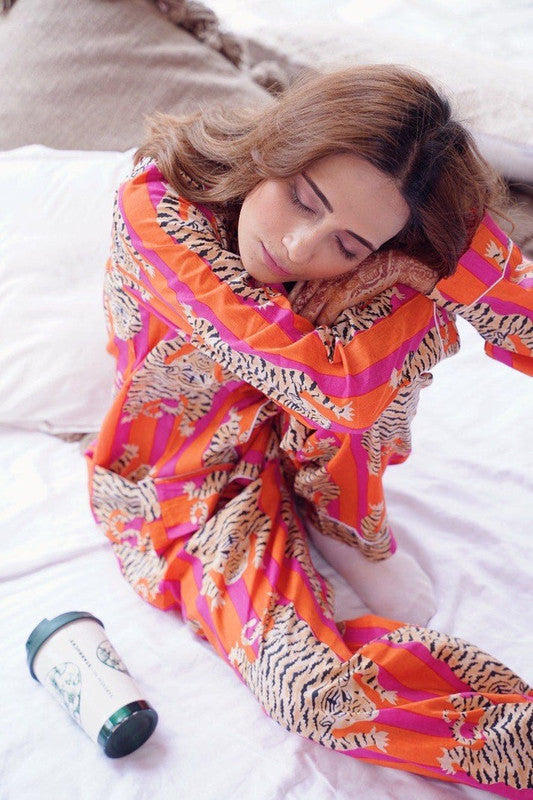 Pure Cotton Pajama Set - Soft Indian Nightwear | Bridesmaid Gift PJ's in Orange Tiger Print