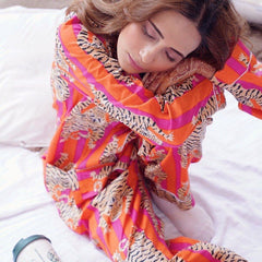 Pure Cotton Pajama Set - Soft Indian Nightwear | Bridesmaid Gift PJ's in Orange Tiger Print