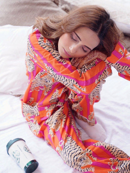 Pure Cotton Pajama Set - Soft Indian Nightwear | Bridesmaid Gift PJ's in Orange Tiger Print
