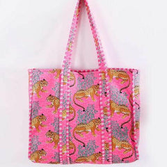 Pink Cotton Quilted Tote Bag Block Print Tote Bag Quilted Tote Bag Jaipuri Handmade Quilted Work Best For Women's Gift
