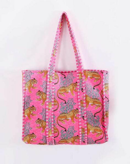 Pink Cotton Quilted Tote Bag Block Print Tote Bag Quilted Tote Bag Jaipuri Handmade Quilted Work Best For Women's Gift