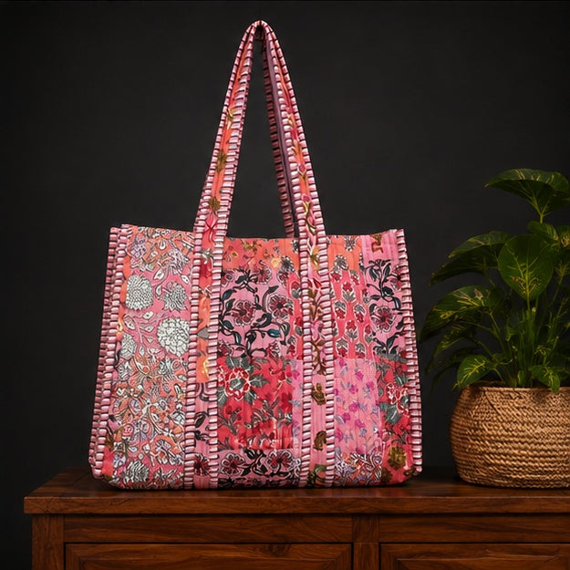 Reversible Quilted Cotton Peach Patchwork Tote Bag with Interior Pocket - kraafty-com