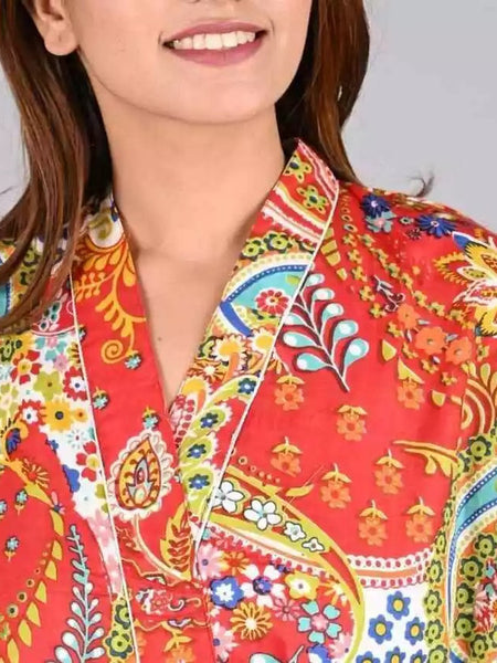 orange Floral Print Cotton Kimono Robe Pure Cotton Dressing Gown for Women