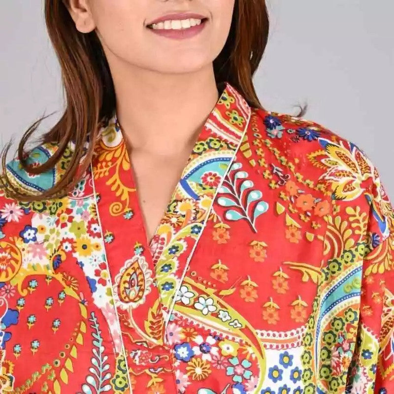 orange Floral Print Cotton Kimono Robe Pure Cotton Dressing Gown for Women