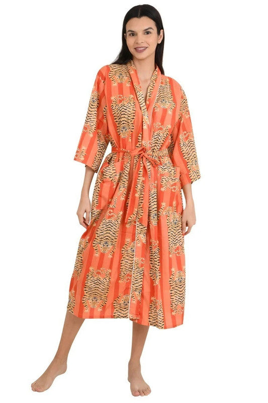 Orange Tiger and Monkey Print Cotton Kimono Robe - Hand Block Printed Animal Pattern Dressing Gown