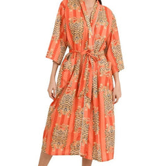 Orange Tiger and Monkey Print Cotton Kimono Robe - Hand Block Printed Animal Pattern Dressing Gown