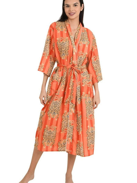 Orange Tiger and Monkey Print Cotton Kimono Robe - Hand Block Printed Animal Pattern Dressing Gown
