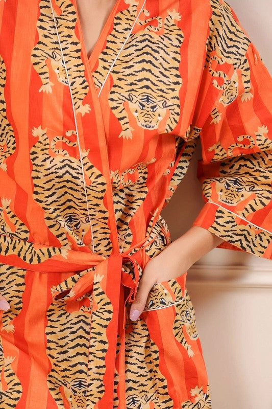 Orange Tiger and Monkey Print Cotton Kimono Robe - Hand Block Printed Animal Pattern Dressing Gown