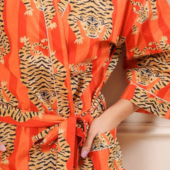 Orange Tiger and Monkey Print Cotton Kimono Robe - Hand Block Printed Animal Pattern Dressing Gown