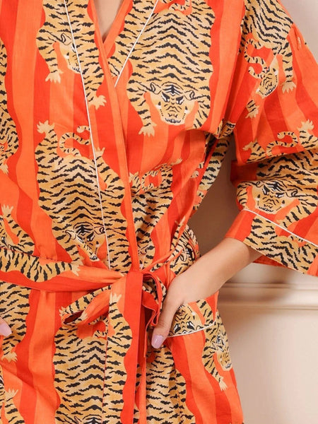 Orange Tiger and Monkey Print Cotton Kimono Robe - Hand Block Printed Animal Pattern Dressing Gown