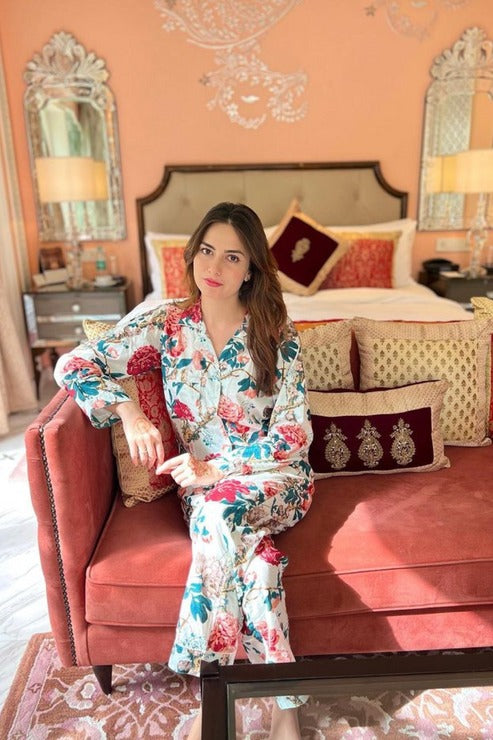 White Floral Cotton Pajama Set - Soft Indian Nightwear | Pure Cotton PJ's & Bridesmaid Gift for Her