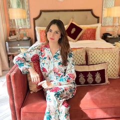 White Floral Cotton Pajama Set - Soft Indian Nightwear | Pure Cotton PJ's & Bridesmaid Gift for Her