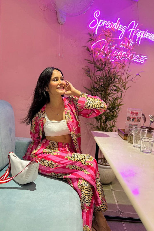 Pink Tiger Print Cotton Pajama Set - Soft Indian Nightwear | Pure Cotton PJ's & Bridesmaid Gift for Her