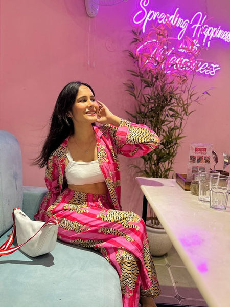 Pink Tiger Print Cotton Pajama Set - Soft Indian Nightwear | Pure Cotton PJ's & Bridesmaid Gift for Her