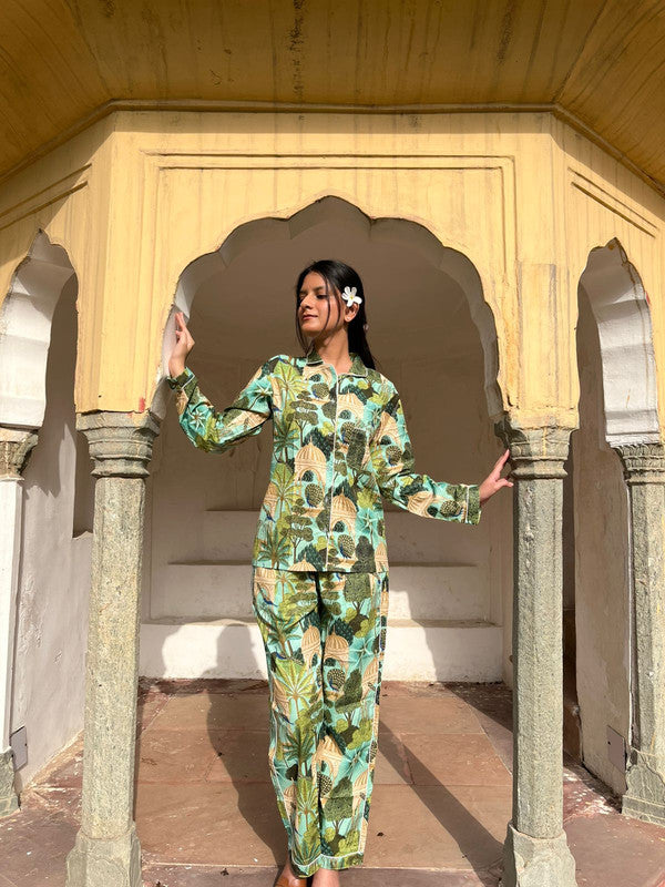 Green Floral Pure Cotton Pajama Set Soft Indian Nightwear & Bridesmaid Gift