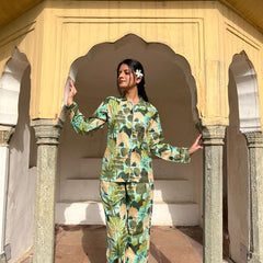 Green Floral Pure Cotton Pajama Set Soft Indian Nightwear & Bridesmaid Gift