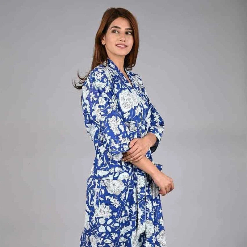 Blue Floral Print Cotton Kimono Robe Pure Cotton Dressing Gown for Women